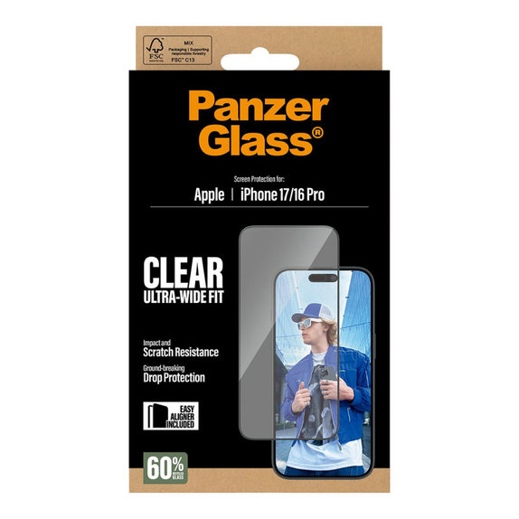 UWF закалено стъкло с апликатор за iPhone 17/16 Pro, Черно, PanzerGlass