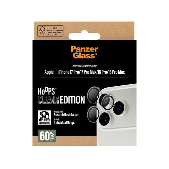 Протектор за обектив на задна камера Hoops за iPhone 17 Pro Max/17 Pro/16 Pro Max/16 Pro, Прозрачен, PanzerGlass