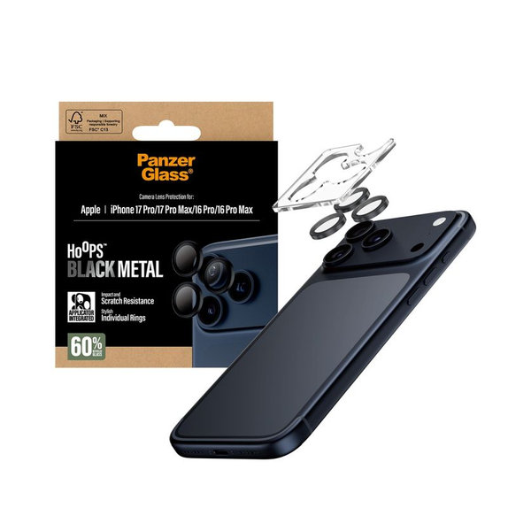 Hoops протектор за обектив на камерата за iPhone 17 Pro Max / 17 Pro / 16 Pro Max / 16 Pro, Черен, PanzerGlass