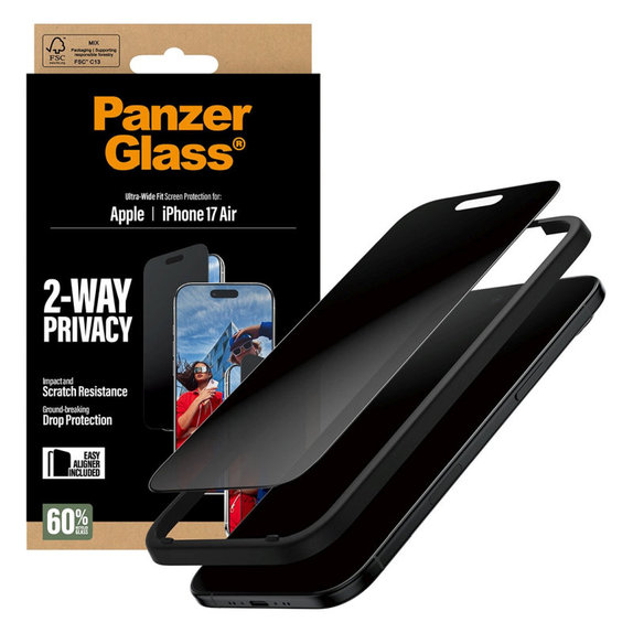 Закалено стъкло UWF 2-Way Privacy с апликатор за iPhone Air, Черно, PanzerGlass