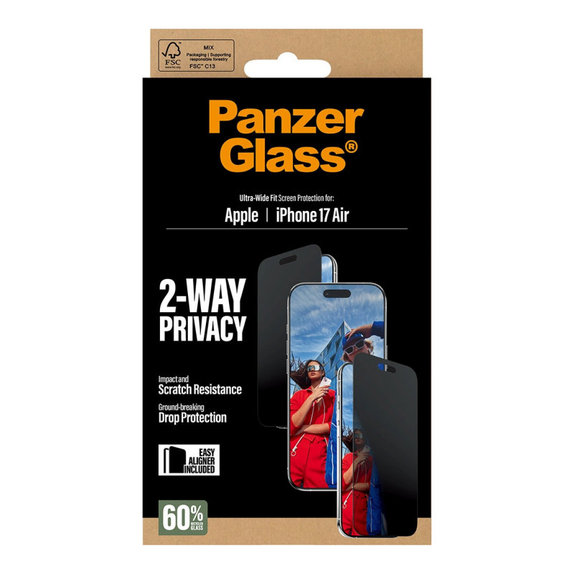 Закалено стъкло UWF 2-Way Privacy с апликатор за iPhone Air, Черно, PanzerGlass
