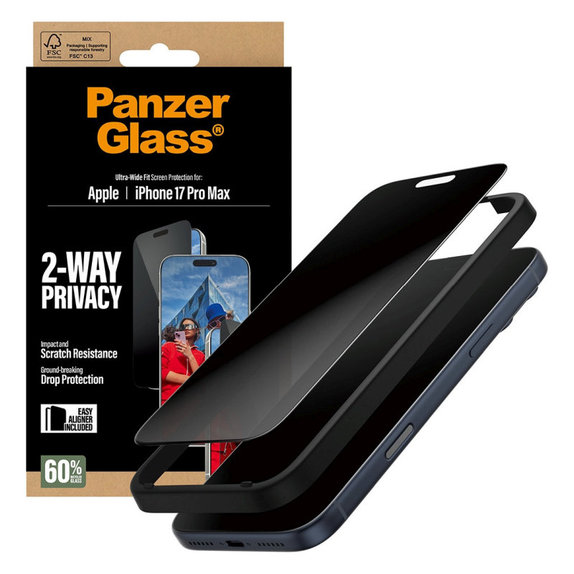 UWF 2-Way Privacy закалено стъкло с Fastfit за iPhone 17 Pro Max, Черно, PanzerGlass