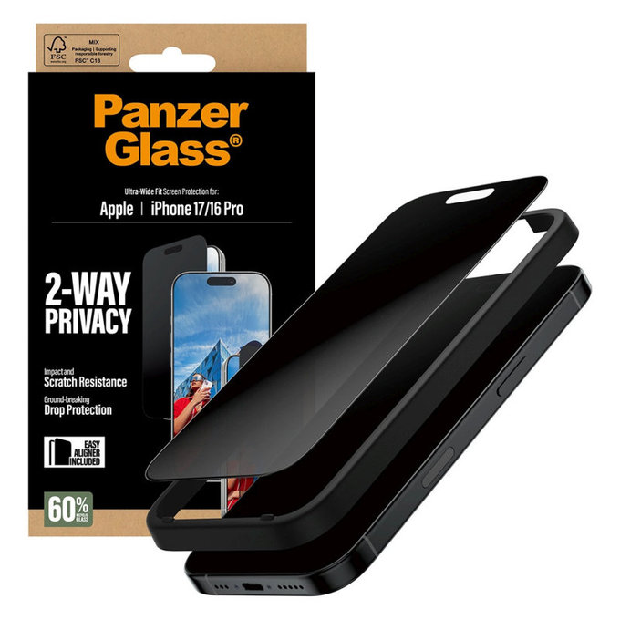UWF 2-Way Privacy закалено стъкло с Fastfit за iPhone 17/16 Pro, Черно, PanzerGlass