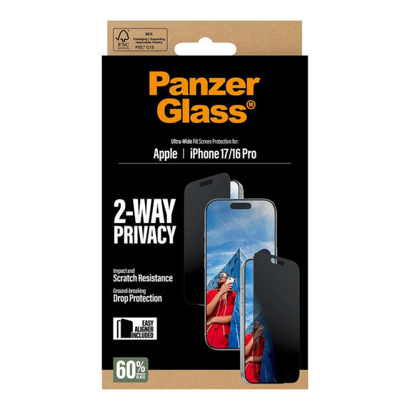 UWF 2-Way Privacy закалено стъкло с Fastfit за iPhone 17/16 Pro, Черно, PanzerGlass