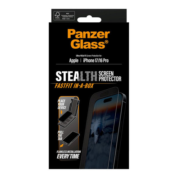 Закалено стъкло UWF Stealth с Fastfit за iPhone 17/16 Pro, Черно, PanzerGlass