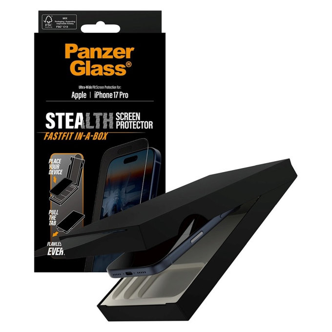 Закалено стъкло UWF Stealth с Fastfit за iPhone 17 Pro, Черно, PanzerGlass