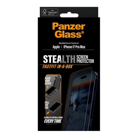 Закалено стъкло UWF Stealth с Fastfit за iPhone 17 Pro Max, Черно, PanzerGlass