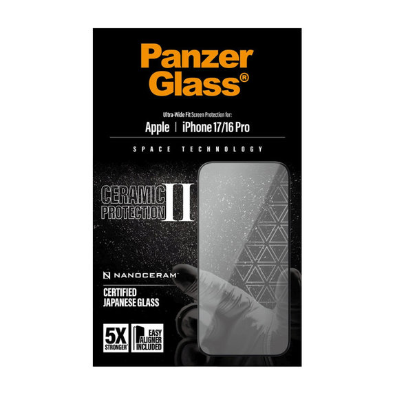 UWF Ceramic II закалено стъкло с Fastfit за iPhone 17/16 Pro, Черно, PanzerGlass