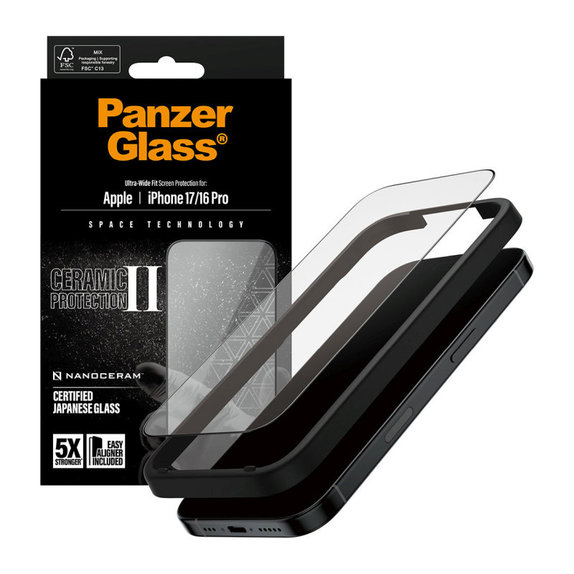 UWF Ceramic II закалено стъкло с Fastfit за iPhone 17/16 Pro, Черно, PanzerGlass