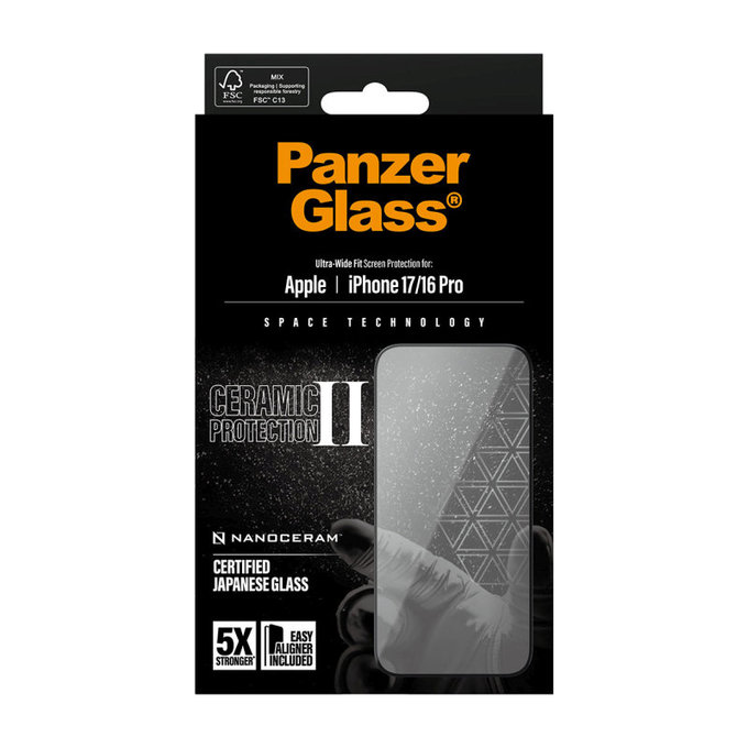 UWF Ceramic II закалено стъкло с Fastfit за iPhone 17/16 Pro, Черно, PanzerGlass