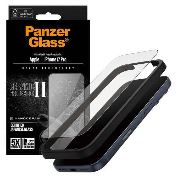 Закалено стъкло UWF Ceramic II с апликатор за iPhone 17 Pro, Черно, PanzerGlass