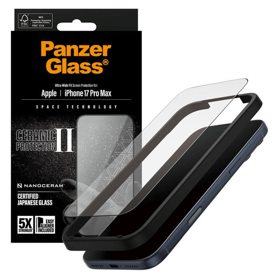 Закалено стъкло UWF Ceramic II с апликатор за iPhone 17 Pro Max, Черно, PanzerGlass