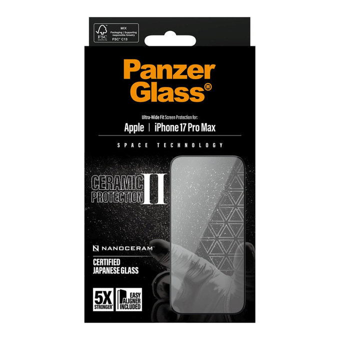 Закалено стъкло UWF Ceramic II с апликатор за iPhone 17 Pro Max, Черно, PanzerGlass