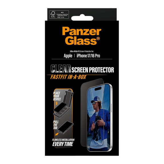 UWF закалено стъкло с Fastfit за iPhone 17/16 Pro, Черно, PanzerGlass