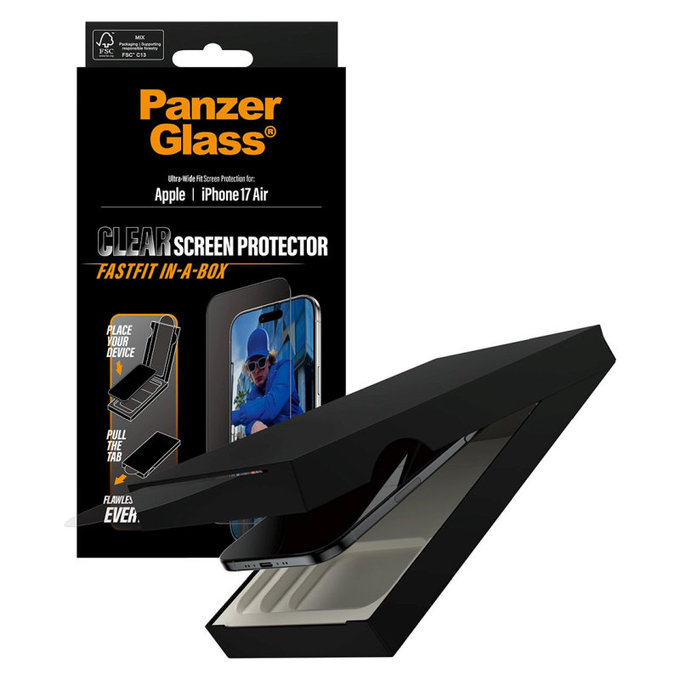Закалено стъкло UWF с Fastfit за iPhone Air, Черно, PanzerGlass