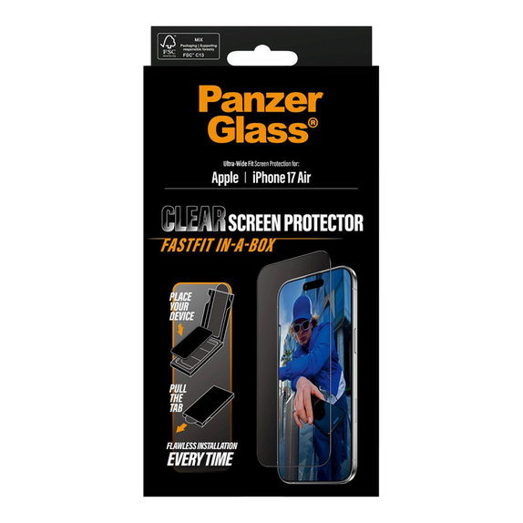 Закалено стъкло UWF с Fastfit за iPhone Air, Черно, PanzerGlass