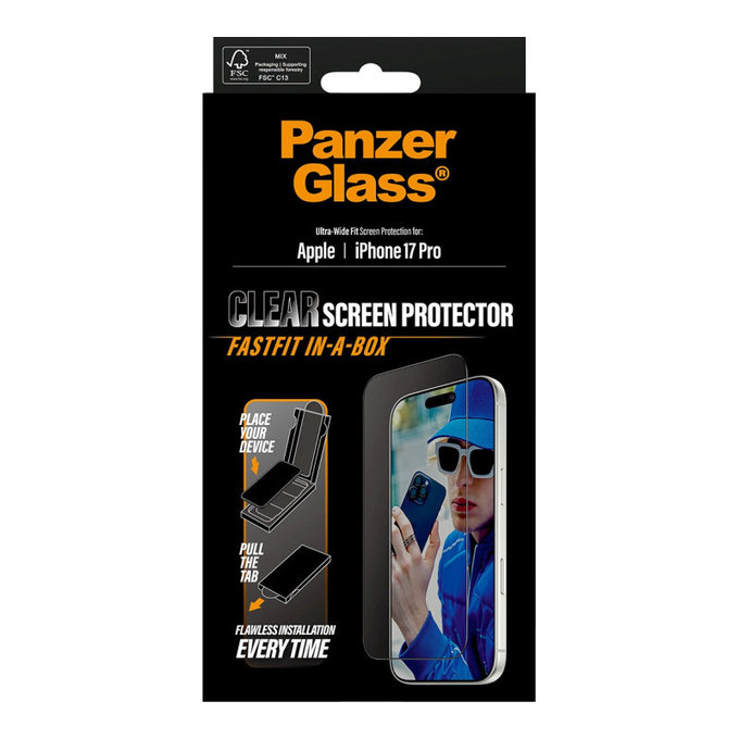 UWF закалено стъкло с Fastfit за iPhone 17 Pro, Черно, PanzerGlass