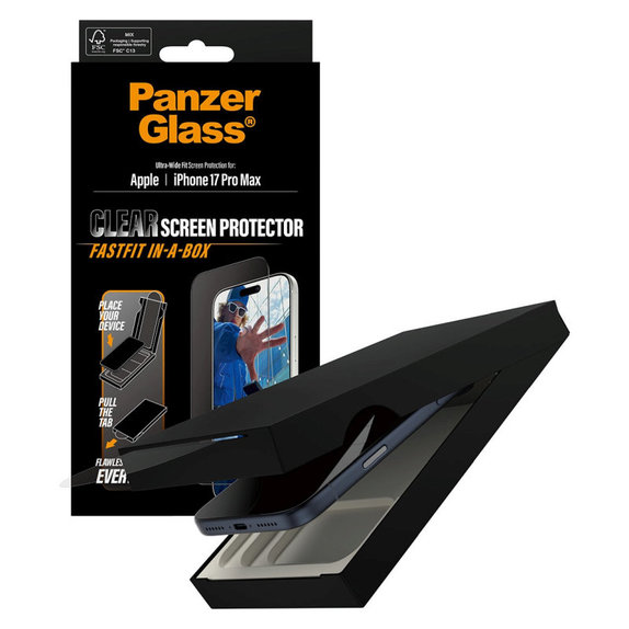 Закалено стъкло UWF с Fastfit за iPhone 17 Pro Max, Черно, PanzerGlass