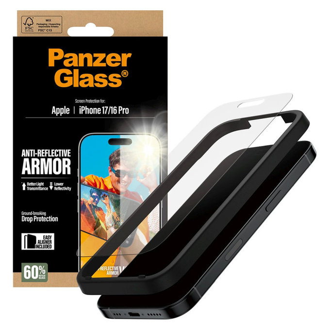 Закалено стъкло Anti-Reflective с апликатор за iPhone 17/16 Pro, Черно, PanzerGlass