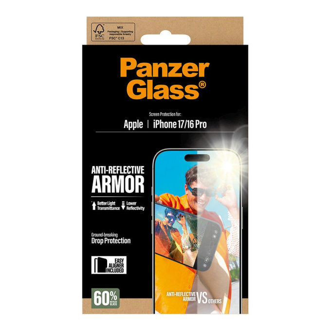 Закалено стъкло Anti-Reflective с апликатор за iPhone 17/16 Pro, Черно, PanzerGlass