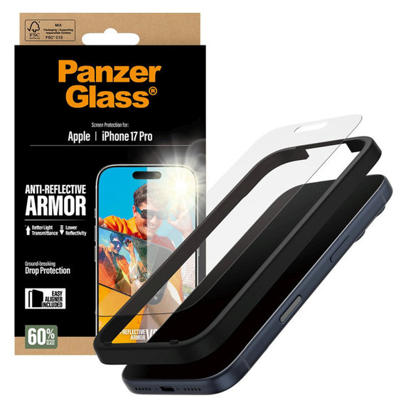 Закалено стъкло Anti-Reflective с апликатор за iPhone 17 Pro, Черно, PanzerGlass