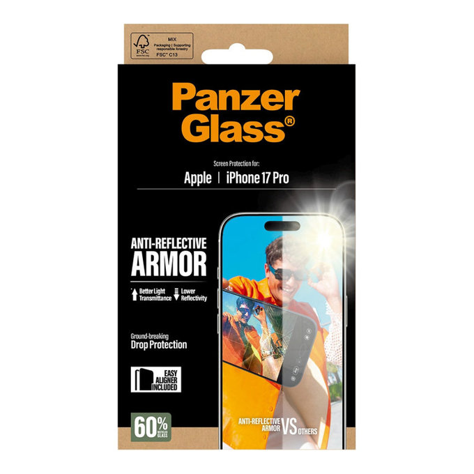 Закалено стъкло Anti-Reflective с апликатор за iPhone 17 Pro, Черно, PanzerGlass