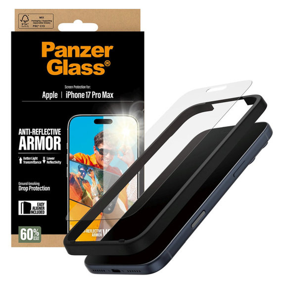 Закалено стъкло Anti-Reflective с апликатор за iPhone 17 Pro Max, Черно, PanzerGlass