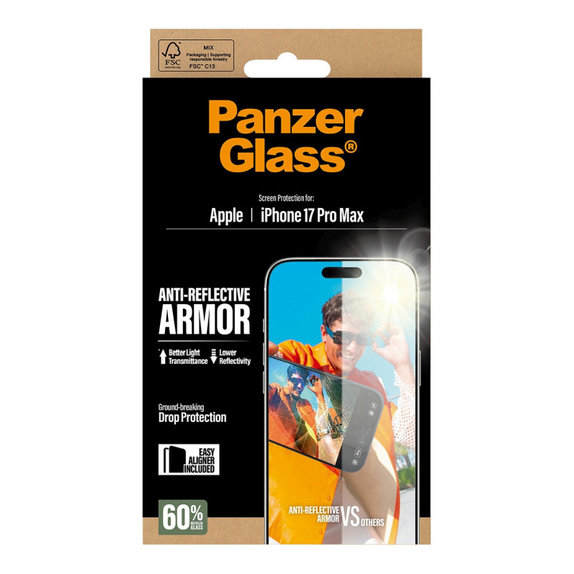 Закалено стъкло Anti-Reflective с апликатор за iPhone 17 Pro Max, Черно, PanzerGlass