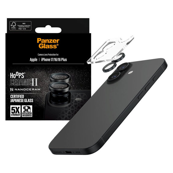 Протектор за обектив на камера Hoops Ceramic II за iPhone 17/16 Plus/16, Черно, PanzerGlass
