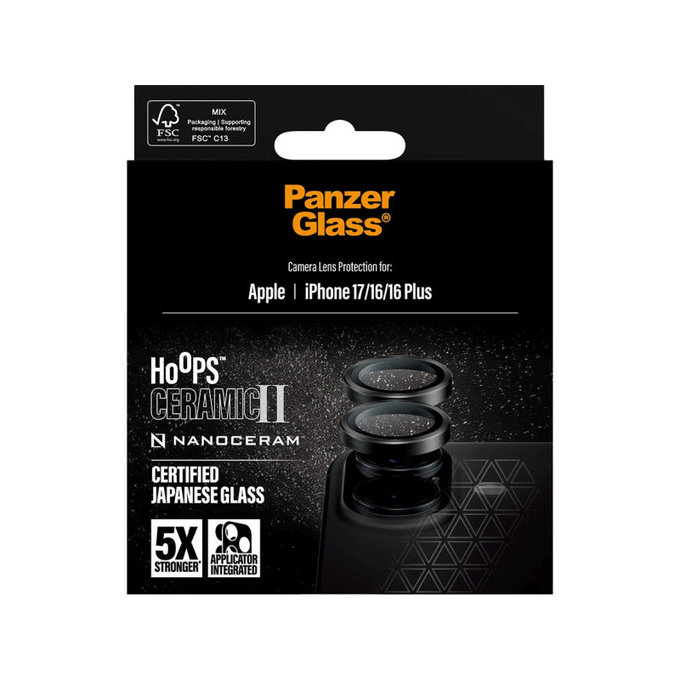 Протектор за обектив на камера Hoops Ceramic II за iPhone 17/16 Plus/16, Черно, PanzerGlass