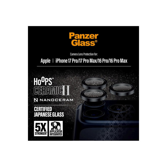 Протектор за обектив на задна камера Hoops Ceramic II за iPhone 17 Pro Max/17 Pro/16 Pro Max/16 Pro, Черно, PanzerGlass