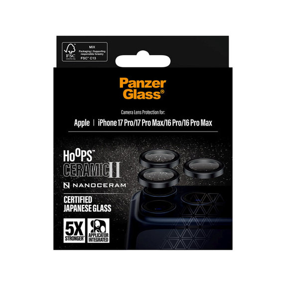 Протектор за обектив на задна камера Hoops Ceramic II за iPhone 17 Pro Max/17 Pro/16 Pro Max/16 Pro, Черно, PanzerGlass