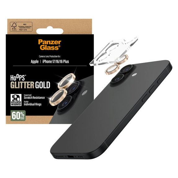 Протектор за обектив на камера Hoops за iPhone 17/16 Plus/16, Glitter Gold, PanzerGlass