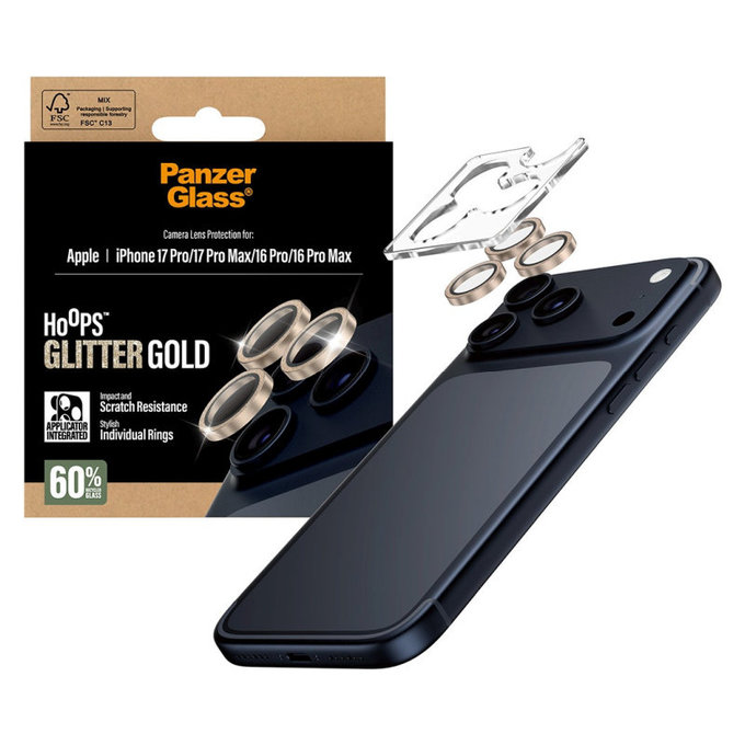 Протектор за обектив на камера Hoops за iPhone 17 Pro Max/17 Pro/16 Pro Max/16 Pro, Glitter Gold, PanzerGlass