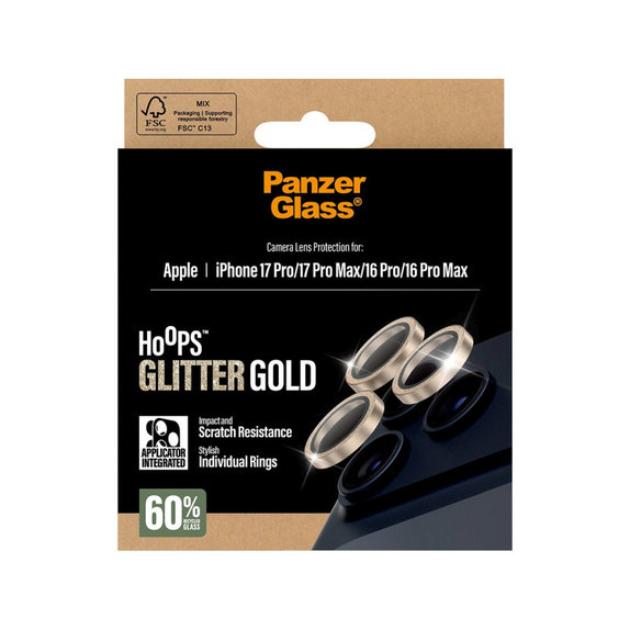 Протектор за обектив на камера Hoops за iPhone 17 Pro Max/17 Pro/16 Pro Max/16 Pro, Glitter Gold, PanzerGlass