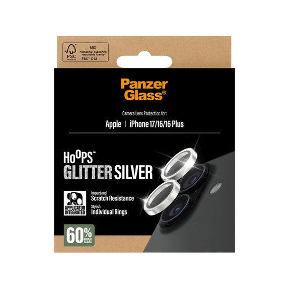Протектор за обектив на камера Hoops за iPhone 17/16 Plus/16, Glitter Silver, PanzerGlass