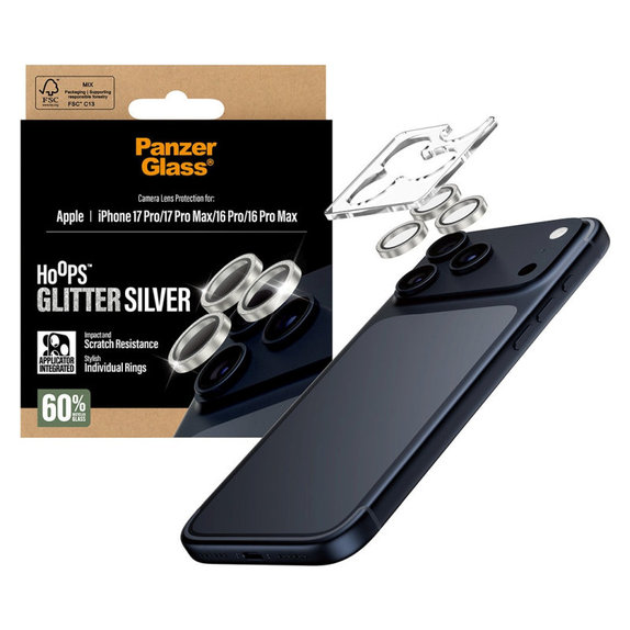 Протектор за обектив на камера Hoops за iPhone 17 Pro Max/17 Pro/16 Pro Max/16 Pro, Glitter Silver, PanzerGlass