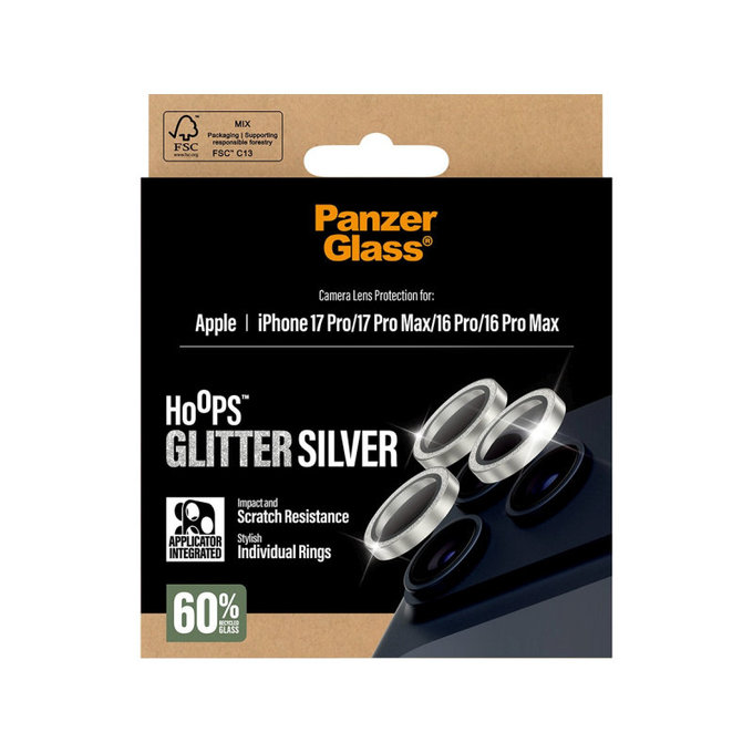 Протектор за обектив на камера Hoops за iPhone 17 Pro Max/17 Pro/16 Pro Max/16 Pro, Glitter Silver, PanzerGlass