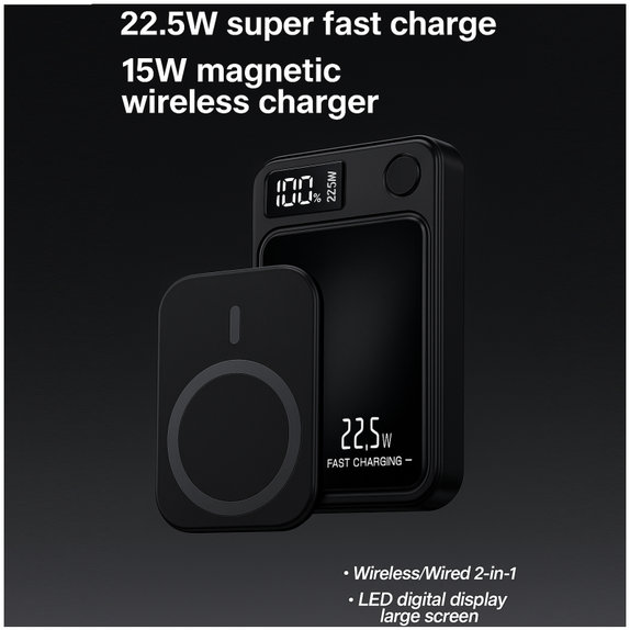 MagSafe PowerBank 5000 mAh с LED дисплей, Черен, FixPremium