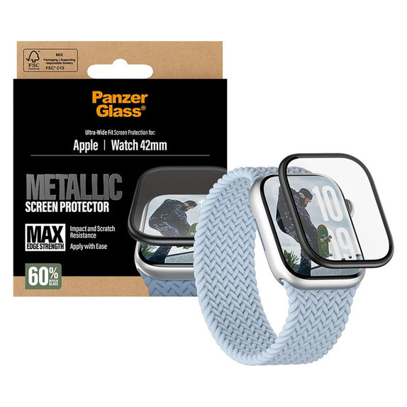 Закалено стъкло UWF METALLIC за Apple Watch 11/10 42 mm, Черно, PanzerGlass