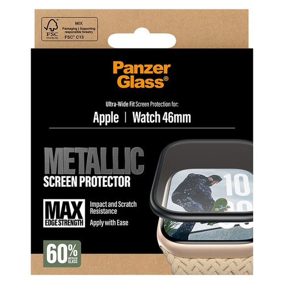 Закалено стъкло UWF METALLIC за Apple Watch 11/10 46 mm, Черно, PanzerGlass