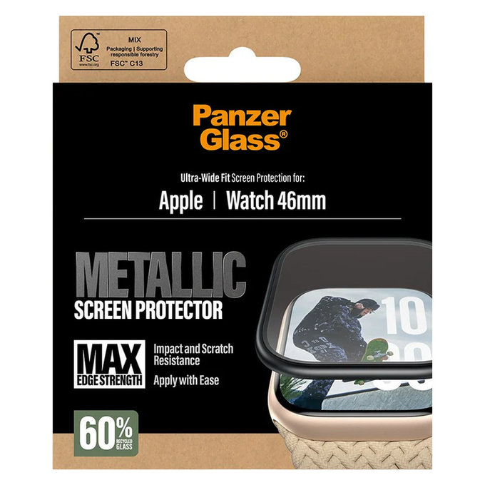 Закалено стъкло UWF METALLIC за Apple Watch 11/10 46 mm, Черно, PanzerGlass