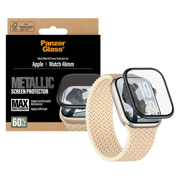 Закалено стъкло UWF METALLIC за Apple Watch 11/10 46 mm, Черно, PanzerGlass