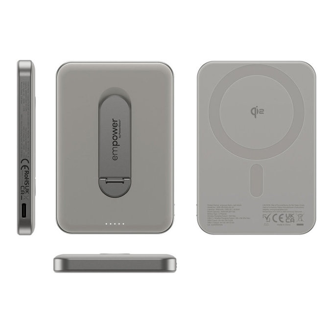 Безжичен PowerBank 5000 mAh, с въртяща се стойка 20 W, съвместим с MagSafe, Qi2/USB-C, Титан, empower