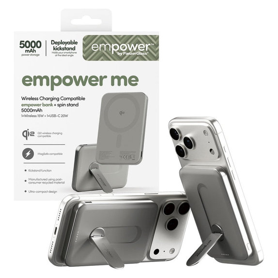 Безжичен PowerBank 5000 mAh, с въртяща се стойка 20 W, съвместим с MagSafe, Qi2/USB-C, Титан, empower
