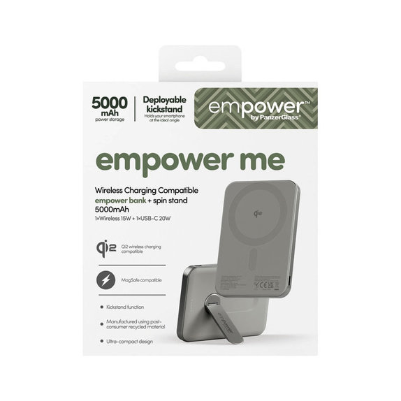 Безжичен PowerBank 5000 mAh, с въртяща се стойка 20 W, съвместим с MagSafe, Qi2/USB-C, Титан, empower