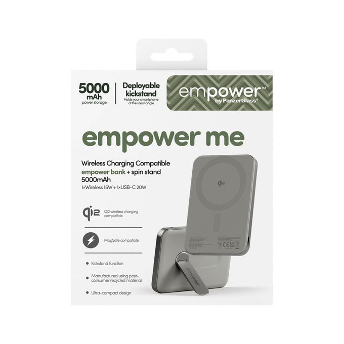 Безжичен PowerBank 5000 mAh, с въртяща се стойка 20 W, съвместим с MagSafe, Qi2/USB-C, Титан, empower