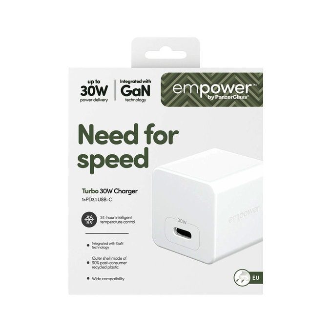 Пътен адаптер Grand Prix USB-C, GaN, 30 W PD, сребристо-бял, empower