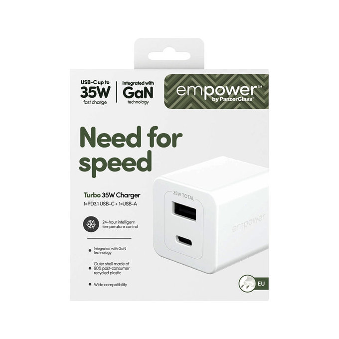 Пътен адаптер Grand Prix USB-C/USB-A, GaN, 35 W PD, сребристо-бял, empower