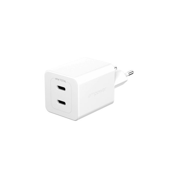 Пътен адаптер Grand Prix 2x USB-C, GaN, 45 W PD, Сребристо-бяло, empower